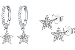 Epoch World 2 Paires Boucles d'oreilles en Argent 925 Petites Boucles d'oreilles Argent Créoles avec Pendentif Étoile Pendantes Boucles d'oreilles Étoiles Clous d'oreilles Argent pour Femmes Filles