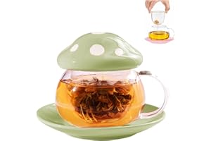 TUHNHGD Setas Taza, Taza Con Tapa, Taza De Café, Tazas Demitasse, Con Posavasos, Tapa Para Taza, Colador De Té, 290 Ml (Verde)