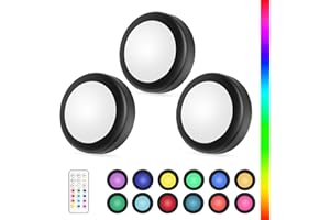 Yiliaw LED Puck-Lichter mit Fernbedienung,AA-Batteriebetriebene Lichter,12 Farben Schrankbeleuchtung,Unterbauleuchten,Drucklichter,Unterschrankbeleuchtung für die Küche,3er-Pack,Weiß
