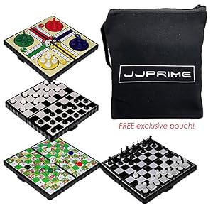JJPRIME – 4 Juegos de Mesa de Viajes clásicos, Divertidos y Divertidos – Damas y escaleras Ajedrez Ludo Mini Juego de Dados magnéticos Juego de Cajas Plegables