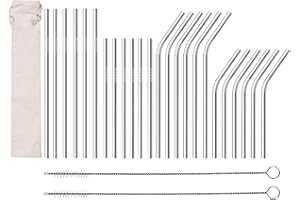 YHmall 24pcs Pailles à Boire Réutilisable en Acier INOX Paille Courbée Droite en Métal avec 2 Brosses de Nettoyage et 1 Pochette de Rangement