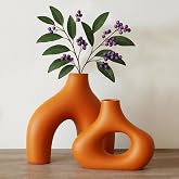 PUREZENTO Abstract Orange Ceramic Donut Vase 5.4 & 7.7 Inch - Set of 2 | Decorative Unique Modern Vase for Dried Flowers & Pa