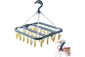 MagiSel Stendibiancheria con 32 Pinze, Stendino per Calzini Pieghevole, Stendino in Plastica Girevole, Mollette Antivento per Asciugare, Vestiti Biancheria Intima, Calzini, Asciugamano(blu-giallo)