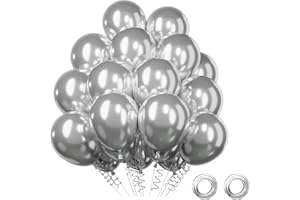 QIFU Metallic Silver Balloons 50 Pack, 12 inch Chrome Silver Latex Balloon Helium Balloons with Silvery Ribbons for Party Decoration Congratulations Graduation Silver Wedding Anniversary New Year
