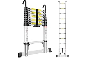 Exleiter Extendable Telescopic Ladder 3.2M, Aluminium Telescoping Ladder with Detachable Hooks and Stabiliser Bar, Adjustable Height Portable Sturdy Loft Ladder Secure Climbing for Home
