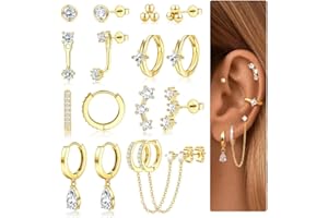 JeweBella Orecchini Donna Acciaio Chirurgico Piercing Orecchio Set Orecchini Donna Orecchini Cerchio Argento/Oro Piccoli Orecchini Pendenti Perla Zirconia Anallergici Orecchini Cartilagine