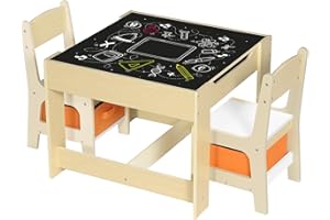 Lestarain Table et Chaises pour Enfants avec Plateau Amovible Ensemble de Meubles d'enfant avec Boîtes de Rangement sous Les Chaises et Tableau Noir au Verso du Plateau de Table
