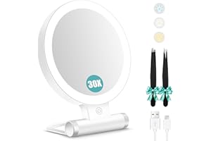 B Beauty Planet Magnifying Mirror with Light 30X, Double-Sided 1X/ 30X Magnifying Makeup Mirror with Tweezer, 2000mAh 3 Colour Modes with Adjustable Brightness, Foldable Compact Travel mirror