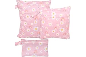 FanChose 3 Pcs Baby Wet Dry Cloth Diaper Bag, Reusable Diaper Wet Bag, Washable Diaper Nappy Bags Waterproof Travel Carry Bag, Foldable Portable Nappy Pouch, Pink Daisy