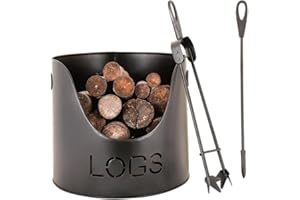 DIBOR Modern Metal Fireside Kindling Log Bucket with Tools Recycled Iron Firewood Log Basket
