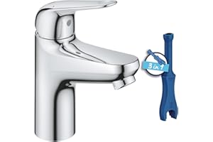 GROHE Swift, Waschtischarmatur, wassersparend (Wasserhahn für das Bad, mit versenkbarer Kette, 16cm hoch, mit 3in1 Werkzeug, einfache Installation am Waschbecken), chrom, 24317001