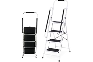 AUTOFU Escabeau à 4 Marches Pliant en Acier，Marchepied Echelle Pliable avec 2 Rampes de Sécurité & Garde-Corps Charge max.150Kg