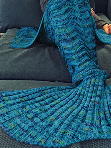 iEFiEL Meerjungfrau Fischschwanz Flosse Kuscheldecke Kuschelige Decken Handgemachte Gestrickte Sofadecke Tagesdecke Blanket Kostüm Decke Für Kinder Erwachsene (Erwachsene Größe, Azurblau) - 4