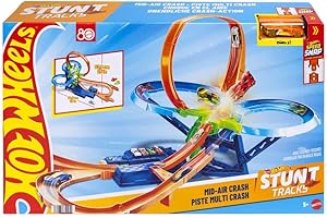 Hot Wheels Choque en el aire Conjunto de pista y coche de juguete, pista de acrobacias con un coche metálico a escala 1:64 con propulsor motorizado para correr y realizar acrobacias sin parar, JKJ78