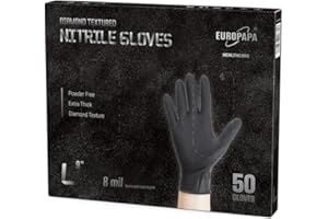 EUROPAPA 50 guantes de nitrilo extragruesos de 8 g, con agarre de diamante, color negro y naranja, perfectos agarres, guantes de protección de montaje, guantes de trabajo sin polvo (Negro, L)