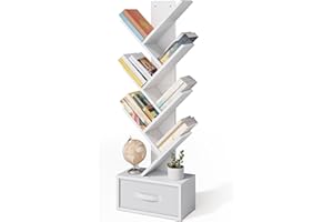 Xbro Libreria a forma di albero, libreria a 7 livelli, con cassetto in tessuto, albero CD, DVD, in legno, per soggiorno, camera da letto, ufficio, 38 x 19,5 x 113 cm, bianco
