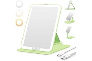 ‎AUXMIR Auxmir lustro LED do makijażu do podróży, przenośne lusterko kosmetyczne z oświetleniem, ładowalne kompaktowe lusterko z przyciemnianym ekranem dotykowym, składane lusterko kosmetyczne do domu i