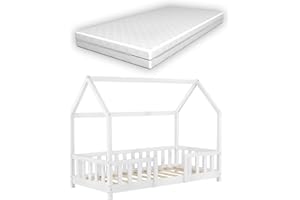 [EN.CASA] Letto per Bambino a Forma di Casetta con Barriera Anticaduta e Materasso 160x80 cm Lettino in Legno di Pino con Sponde/Sbarre di Sicurezza - Bianco
