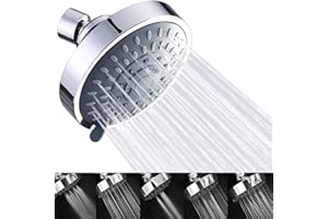 Kaxich Shower Head 4 Inch Rainfall High Pressure Showerhead 5 Spray Settings with Adjustable Metal Swivel Ball Joint, Fixed Mount