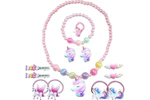 AIOSUY Juego de Joyas para Niñas, Regalo Cumpleaños Set 13 Pcs, Party Favors Collar Pulsera Pendientes Anillos Horquillas Anillo de Pelo, Accesorios Disfraz para Niña Regalo de Cumpleaños de Fiesta