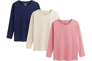 THE ESSENTIALS WARDROBE Girls Long Sleeve T-Shirt Multicoloured 3 Pack Shirt for Girls Kids Lightweight Soft Comfort Fit Crew Neck Tee Multipack Cotton Top Size 4-13 Years