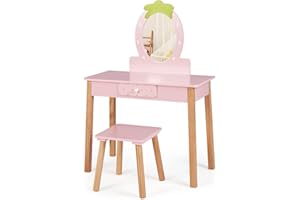 LIFEZEAL Set da parrucchiere 2 in 1 per bambini, tavolo durevole e solido in MDF e zampa di eucalipto, 70 x 34 x 100 cm, carico di 20 kg e 40 kg, età adatta 3-7 anni, rosa