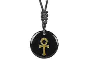 Lovionus89 Verstellbares ägyptisches Ankh-Kreuz, graviert, runder Stein, Glücksmünze, Amulett, Anhänger, Halskette für Damen und Herren