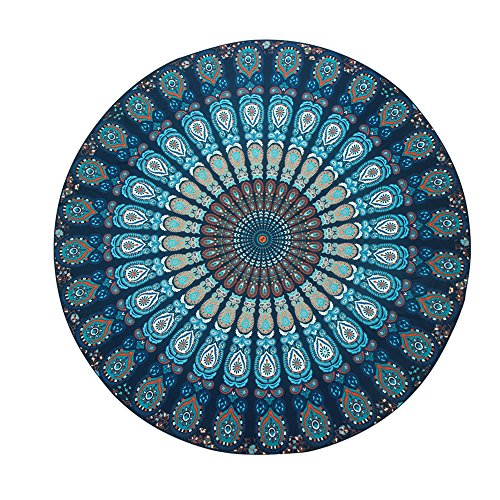 Yiuswoy Boho Strand Decke,Rund Mandala Strandtuch,Gypsy Tischdecke,Gross Wandteppich Indisch,Wandteppich Yoga Matte,Hippie Picknickdecke Mit Die Pfauenfeder Muster – Blau - 2