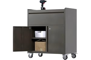 SUPEER Armario para herramientas con cajones, armario de garaje con ruedas y 2 puertas con cierre, armario de metal ideal para herramientas y accesorios