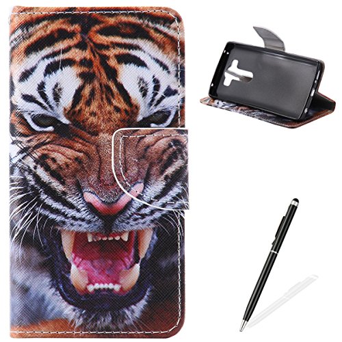 Feeltech LG V10 Book Style Case,PU Leather Wallet Case Magnetized Closure Card Slots Money Pouch [Free 2 In i Stylu] Hybrid With Stand Function Flip Protective Soft Inner Bumper Cover Case And Credit Holder Lovely Pattern Design For LG V10 - Tiger