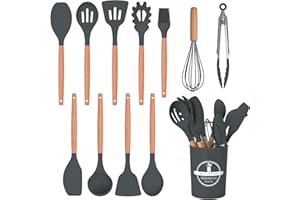 FIOUSY Kitchen Utensil Set, 12 PCS Silicone Cooking Utensils Set with Wooden Handle, Heat Resistant, Nonstick Cookware Tongs Spatula Spoon Set, Dishwasher Safe, Best Kitchen Tools with Holder (Grey)