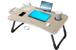 HOBUBU Laptop Bed Tray Table with USB Ports Handle, Portable Bed Tray Foldable Lap Desk Sturdy Portable Cup Holder for Eating, Writing, Working on Bed/Sofa with Little Gift (Small Fan, Small Lamp) (White)