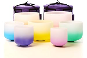 Leize Chakra Tuned 432hz Set of 7 Gradient Color Quartz Crystal Singing Bowls 6-12 inch with Heavy Duty Carrying Cases and Singing Bowl Mallets