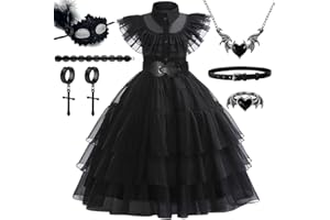 HOUSTAR Deguisement Gothique Enfant, Costume Noir avec Collier Ensemble, Robe Gothique pour Cadeau Fille, Déguisement Gothique pour Carnaval Halloween Cosplay