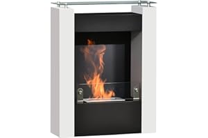 HOMCOM Cheminée bioéthanol brûleur 1,5 L avec Plateau de Rangement en Verre trempé, 3 h de durée de Combustion, Dims. 60 * 20 * 79cm, Contrôle de Flamme et Crochet Inclus - Acier Noir et Blanc
