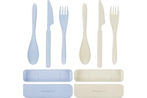 HEEDPEIUR 2 Portable Plastic Travel Cutlery Set with Case for Camping Picnic, Reusable Spoon Fork Sets for Outdoor Tableware, Eco Friendly, Beige Blue