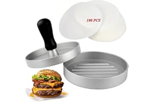 HISDRICUS Prensa de hamburguesas con recubrimiento antiadherente, 12 cm, incluye 50 papeles de hornear, en aluminio, para parrilla deliciosas hamburguesas, pattys, barbacoas y platos a la parrilla