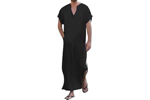 YAOHUOLE V-Ausschnitt Herren Kaftan Seite Split Kurzarm Robe Baumwolle mit Taschen
