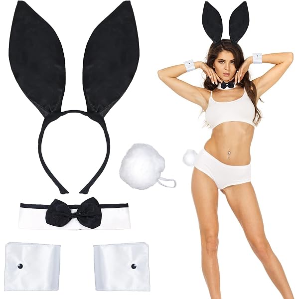 Damen Bunny Kostüm Set – Mit Ohren, Kragen, Fliege, Manschetten & Schwanz, In Geschenkbox