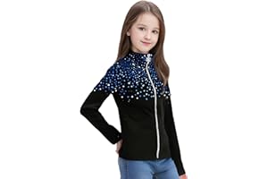 JoyCan Girl's Black Ice Skating Training Jacket with Blue Rhinestones and Plush Stylish and Warm Skating Training Clothes