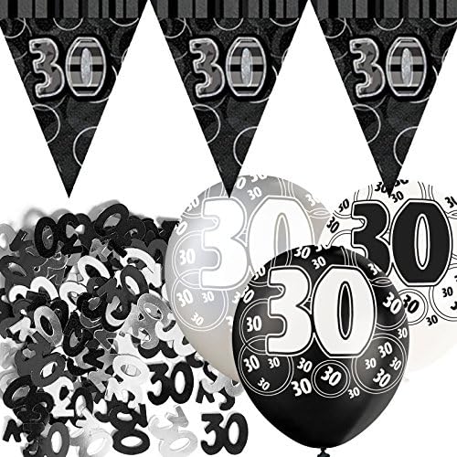 Black Silver Glitz 30th Birthday Flag Banner Party Decoration Pack Kit Set
