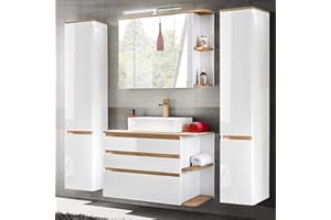 Lomadox Badezimmer Set in Hochglanz weiß mit Wotaneiche, Waschtisch-Unterschrank mit Keramik-Waschbecken und 2 Hochschränke