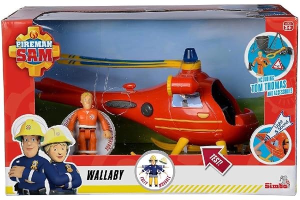 Simba - Sam Le Pompier - Hélicoptère Wallaby 1 - Fonctions Sonores et Lumineuses - 1 Figurine + Accessoires Inclus - Piles Incluses - Dès 3 Ans - 109251002038 Rouge