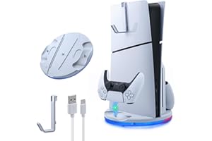 Mcbazel Vertical Stand with PS5 Controller Charger for PS5 Slim Disc & Digital Console, Base Stand with LED/Headset Holder
