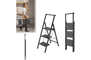 Lars360 Składana drabina 3-stopniowa z poręczą, antypoślizgowa, przenośna i stabilna, do domu i biura, nośność do 250 kg, czarna