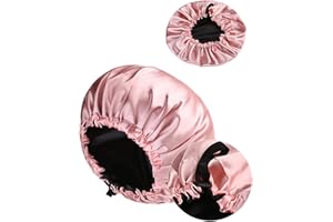 MUFEKUM Satin Sleep Cap, Large Adjustable Double Sided Pink & Black, Silk Bonnet for Women Girls, Curly Hair Protection