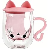 Lepidi Cat Mug Glass Coffee Cup, Double Wall Breakfast Glasses, Aza Cat Coffee Mug, Gifts for Cat Lovers, Birthday Gift, 300M