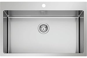EVHOC Lavello Sopratop DEUS M, 1 Vasca per Cucina, Lavandino in Acciaio Inox Vasca Unica con Finitura Satinata, Fascia Forata per Miscelatore, Made in Italy, 75x51 cm