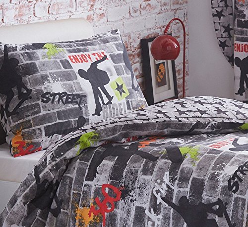 Kidz Club Teenagers Single Bed Duvet Cover and Pillowcase Bedding Bed Set Cool Skateboards and Graffiti Quilt Cover Set - Tricks, Grey
