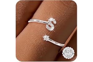 Maynor A-Z Letter Ring Silver 925 Women's Cubic Zirconia Waterproof Rings - Adjustable Rings from Size 50 to 60 Thumb Ring Finger Ring Initials Jewellery